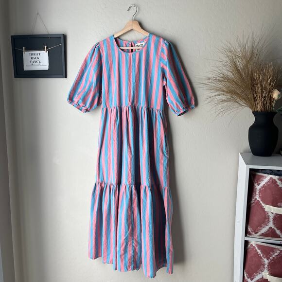 SZ Blockprints Gaia Pink Blue Striped Puff Sleeve Tiered Maxi Dress Size Small - Picture 3 of 11